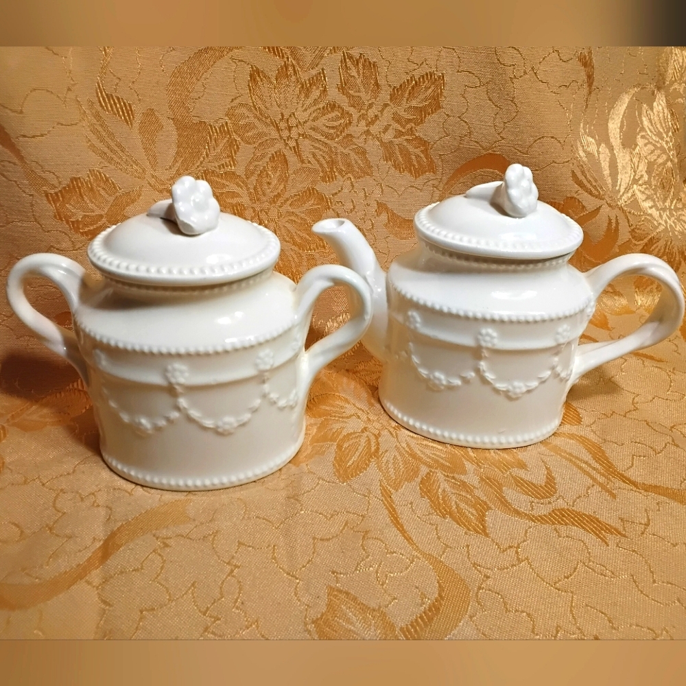 Vintage 1987 The Haldon Group White Embossed Ceramic Cream & Sugar Set